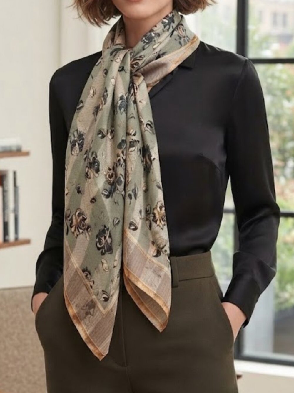 Jones New York Vintage 100% Silk Scarf 33x33 Taupe Green Black Rose Floral